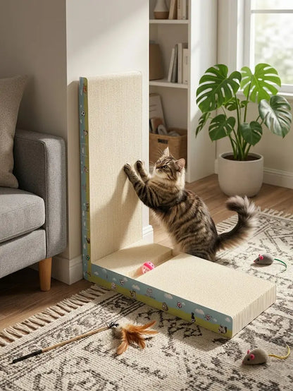 【Dealsforyoudays】Vertical L-Shaped Cat Scratcher Couch Furniture Protector, Upgraded Sturdy Cardboard Cat Scratching Pad, High-Density Hardened Plant Fiber Cat Ramp with Bell Toy Ball for Wall Corner