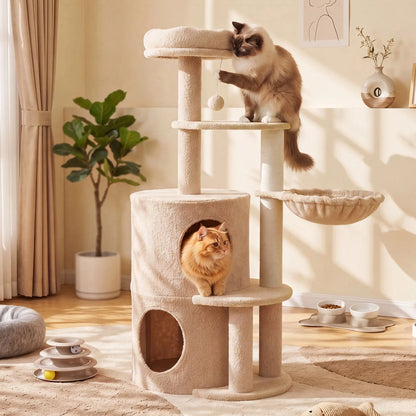 NAVINE 70.9 Inches Multi-Level Big Cat Tree, Multi-Level Cat Tower for Indoor Cats, Cat Trees and Towers for Large Cats with Sisal Scratching Posts/Cat Hanging Basket&Cat Hair Brush/Big Cat Condo/Plush Perch