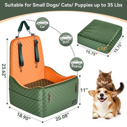 PETSFIT Dog Car Seat for Small/Medium Dogs up to 35 Lbs – Patented Safety System, 5" Memory Foam Pet Booster Car Seat, Fully Detachable and Washable Dog Carseat with 2 Storage Pockets (Black & Grey)
