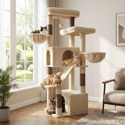 DESKAT 69 Inch Heavy Duty Cat Tower with 2 Large Condos, Dual Hanging Baskets & 2 Oversized Perches — Multi-Level Cat Tree for Big Cats