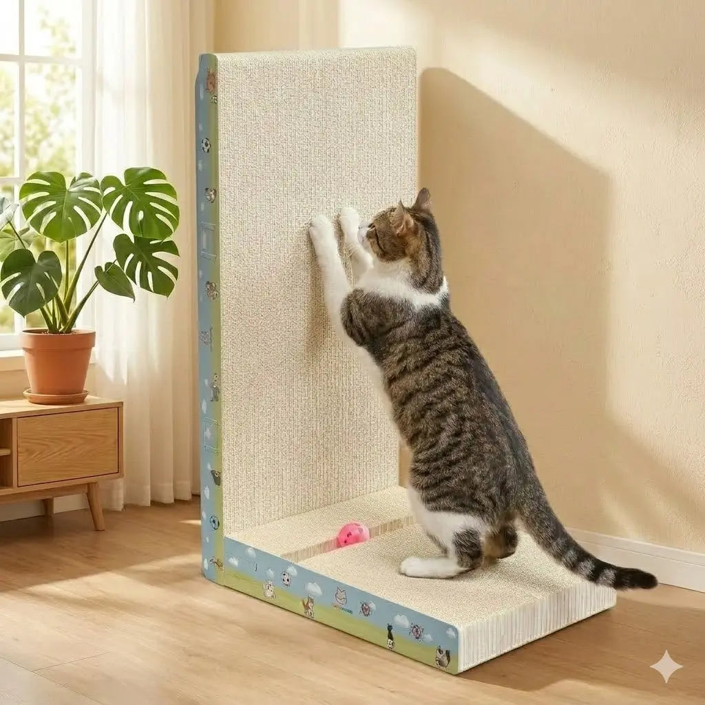 【Dealsforyoudays】Vertical L-Shaped Cat Scratcher Couch Furniture Protector, Upgraded Sturdy Cardboard Cat Scratching Pad, High-Density Hardened Plant Fiber Cat Ramp with Bell Toy Ball for Wall Corner