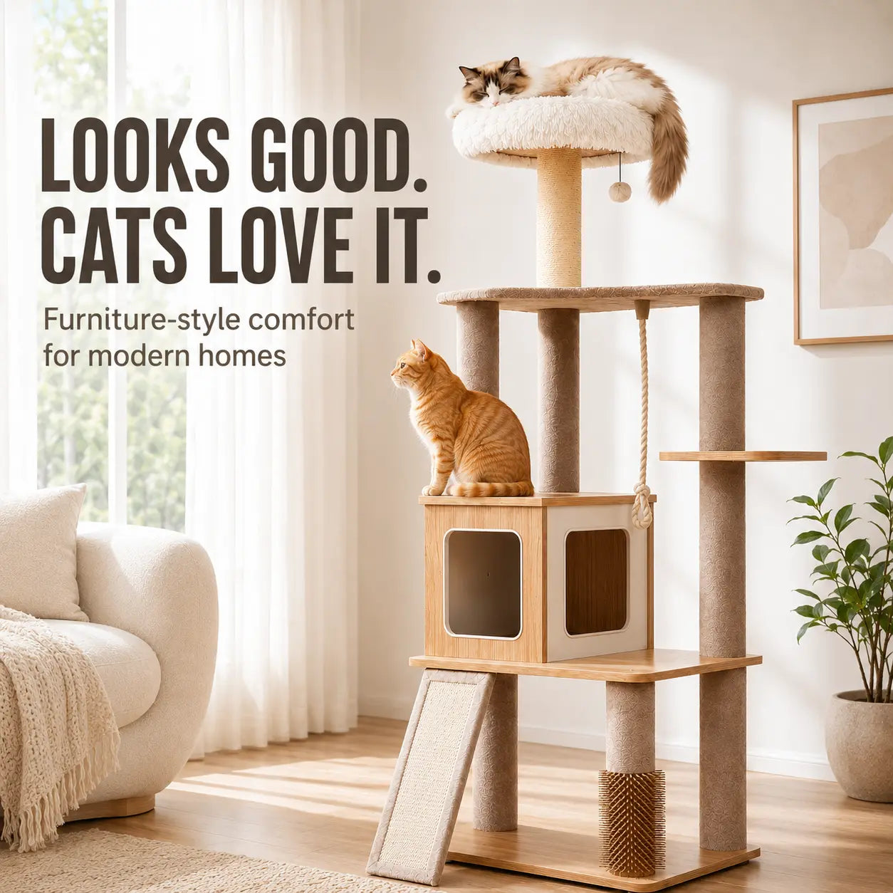 Modern White Cat Tree Tower for Indoor Cats, 61-Inch Multi-Level Cat Furniture with Plush Top Perch, Cozy Hammock, Spacious Cat Condo & Natural Sisal Scratching Posts, Stable Stylish Cat Tower for Adult Cats & Kittens