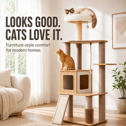 Modern White Cat Tree Tower for Indoor Cats, 61-Inch Multi-Level Cat Furniture with Plush Top Perch, Cozy Hammock, Spacious Cat Condo & Natural Sisal Scratching Posts, Stable Stylish Cat Tower for Adult Cats & Kittens