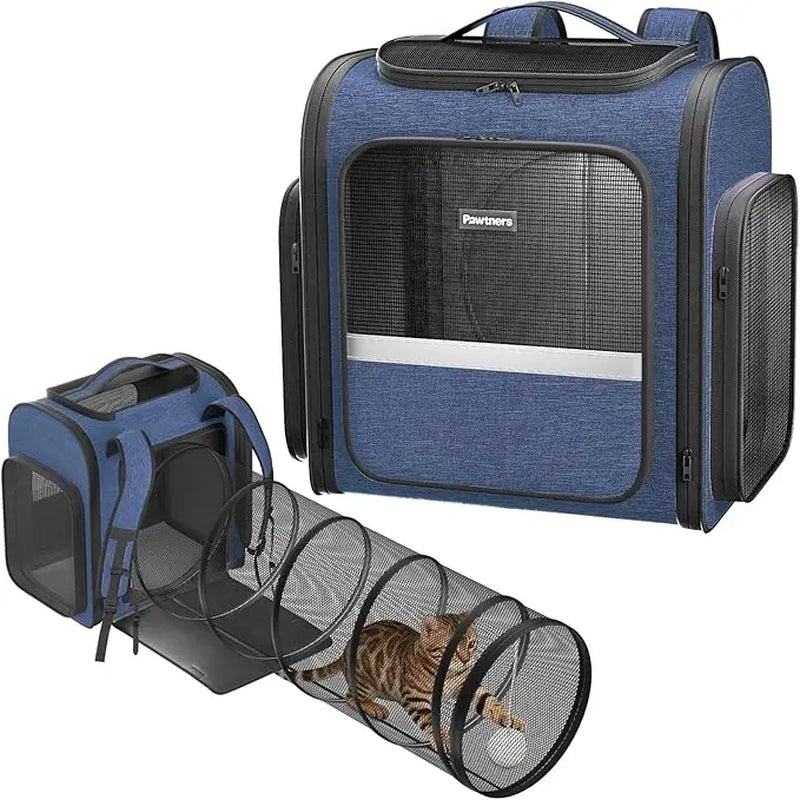 Pawtners Expandable Cat Backpack with Tunnel, Buckle, Ergonomic Design, Anti-Scratch Material, 43"L X 12.6"W X 15"H for Easy Outdoor Travel & Adventure