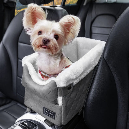PETSFIT Center Console Dog Car Seat with Safe Protection Hooks, Pet Car Seat with Upgraded Safety Tethers, Washable Cushion, Console Dog Car Seats for Small Dogs up to 10 Lbs (Grey)
