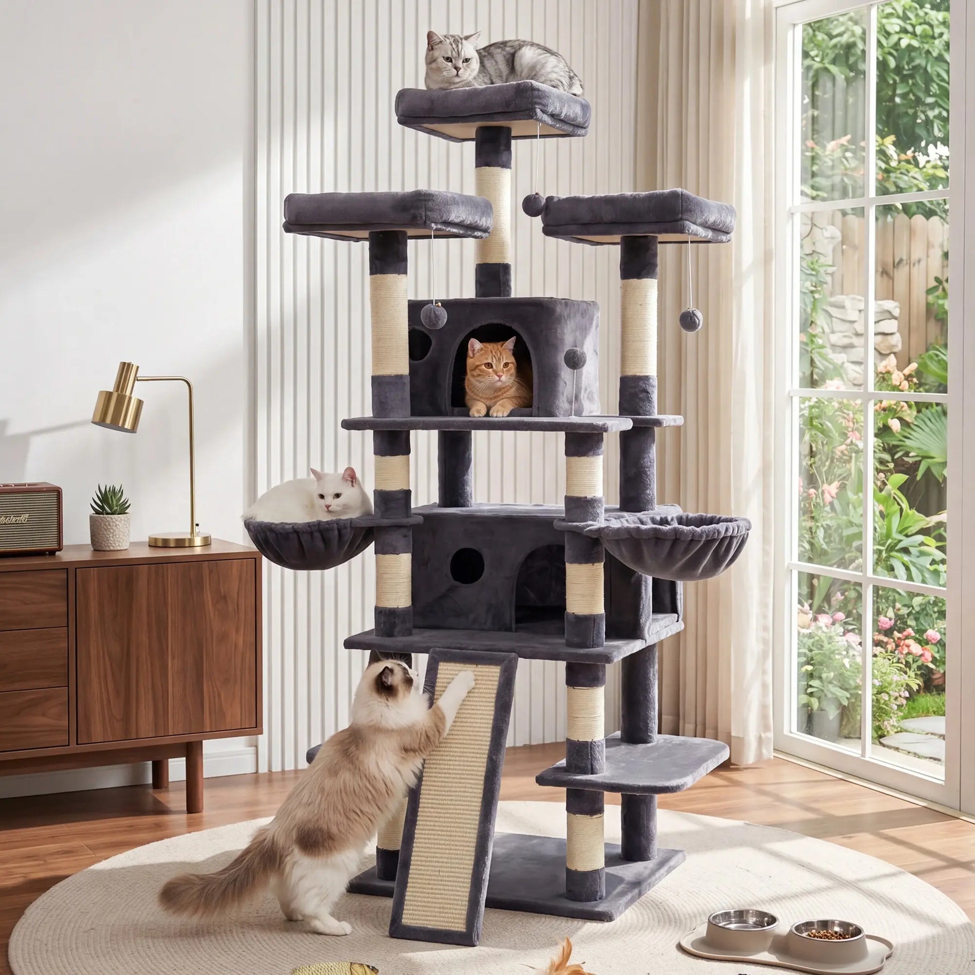 NAVINE 70.9 Inches Multi-Level Big Cat Tree, Multi-Level Cat Tower for Indoor Cats, Cat Trees and Towers for Large Cats with Sisal Scratching Posts/Cat Hanging Basket&Cat Hair Brush/Big Cat Condo/Plush Perch