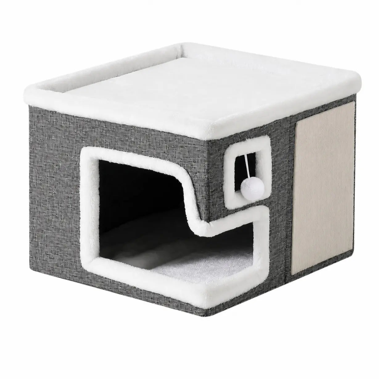 Foldable Cat House for Indoor Cats, 2-Story Cat Cube Condo with Built-In Sisal Scratching Pad & Hanging Toy Ball, Sturdy Cat Bed Hideaway Apartment Box for Large Cats up to 30 Lbs round Window