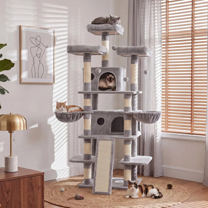 NAVINE 70.9 Inches Multi-Level Big Cat Tree, Multi-Level Cat Tower for Indoor Cats, Cat Trees and Towers for Large Cats with Sisal Scratching Posts/Cat Hanging Basket&Cat Hair Brush/Big Cat Condo/Plush Perch