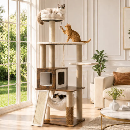 Modern White Cat Tree Tower for Indoor Cats, 61-Inch Multi-Level Cat Furniture with Plush Top Perch, Cozy Hammock, Spacious Cat Condo & Natural Sisal Scratching Posts, Stable Stylish Cat Tower for Adult Cats & Kittens