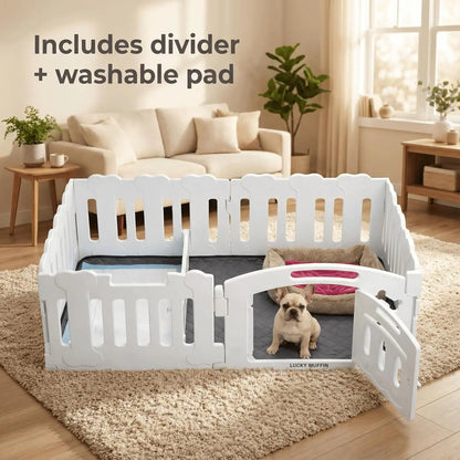 Dog Playpen with Divider & Washable Floor Pad, 6-Panel Indoor Puppy Playpen for Small Dogs & Puppies, 24" Tall Premium HDPE Panels, 61"X30"X24", Tool-Free Setup (White)