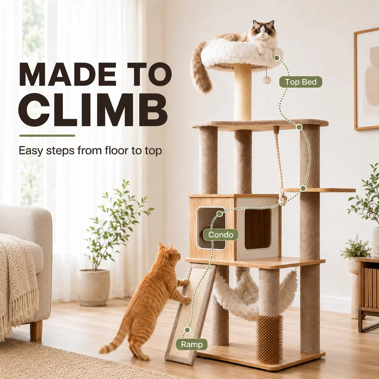 Modern White Cat Tree Tower for Indoor Cats, 61-Inch Multi-Level Cat Furniture with Plush Top Perch, Cozy Hammock, Spacious Cat Condo & Natural Sisal Scratching Posts, Stable Stylish Cat Tower for Adult Cats & Kittens