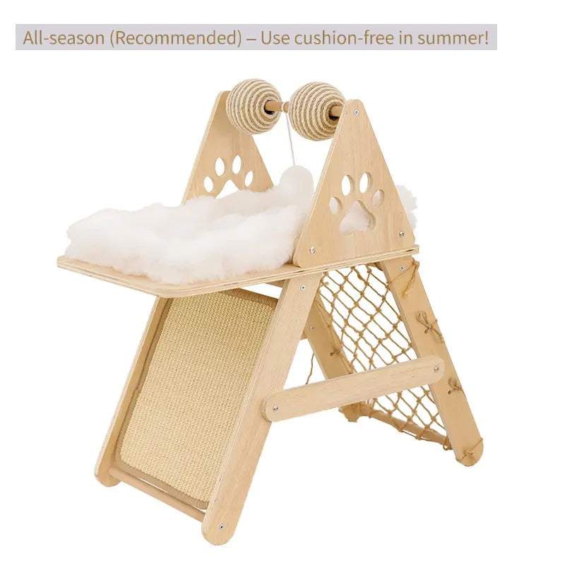 4-In-1 Wooden Cat Activity Center with Cozy Bed, Sisal Scratching Board, and Climbing Net, Sturdy Multi-Level Cat Scratcher for Indoor Cats, Space-Saving Interactive Cat Furniture for Play and Sleep