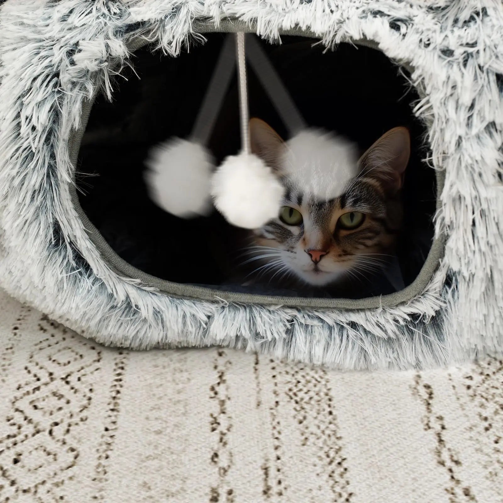 Winter Warm Pet Bed, Cozy Kitten Condo, 2-In-1 Foldable Cat Kittens Tunnel & Bed, Warm Plush Cat Bed with Hanging Ball & Tunnel Buckle, Pet Supplies for Indoor & Outdoor Use #GLOBAL PICKS