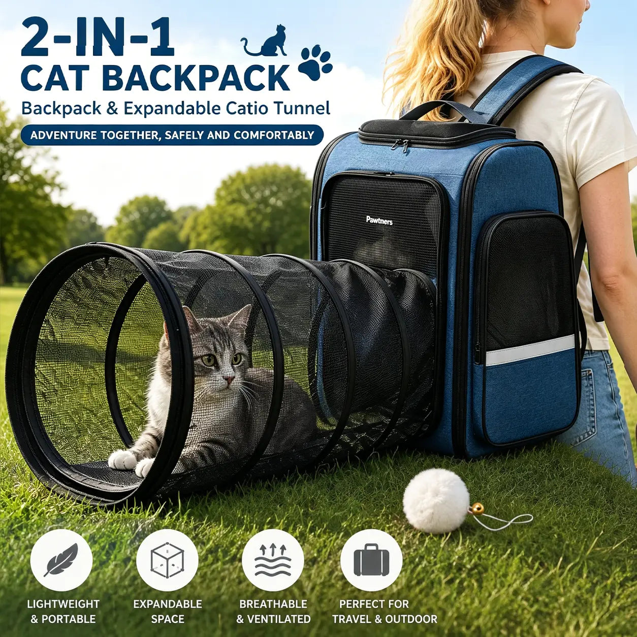 Pawtners Expandable Cat Backpack with Tunnel, Buckle, Ergonomic Design, Anti-Scratch Material, 43"L X 12.6"W X 15"H for Easy Outdoor Travel & Adventure
