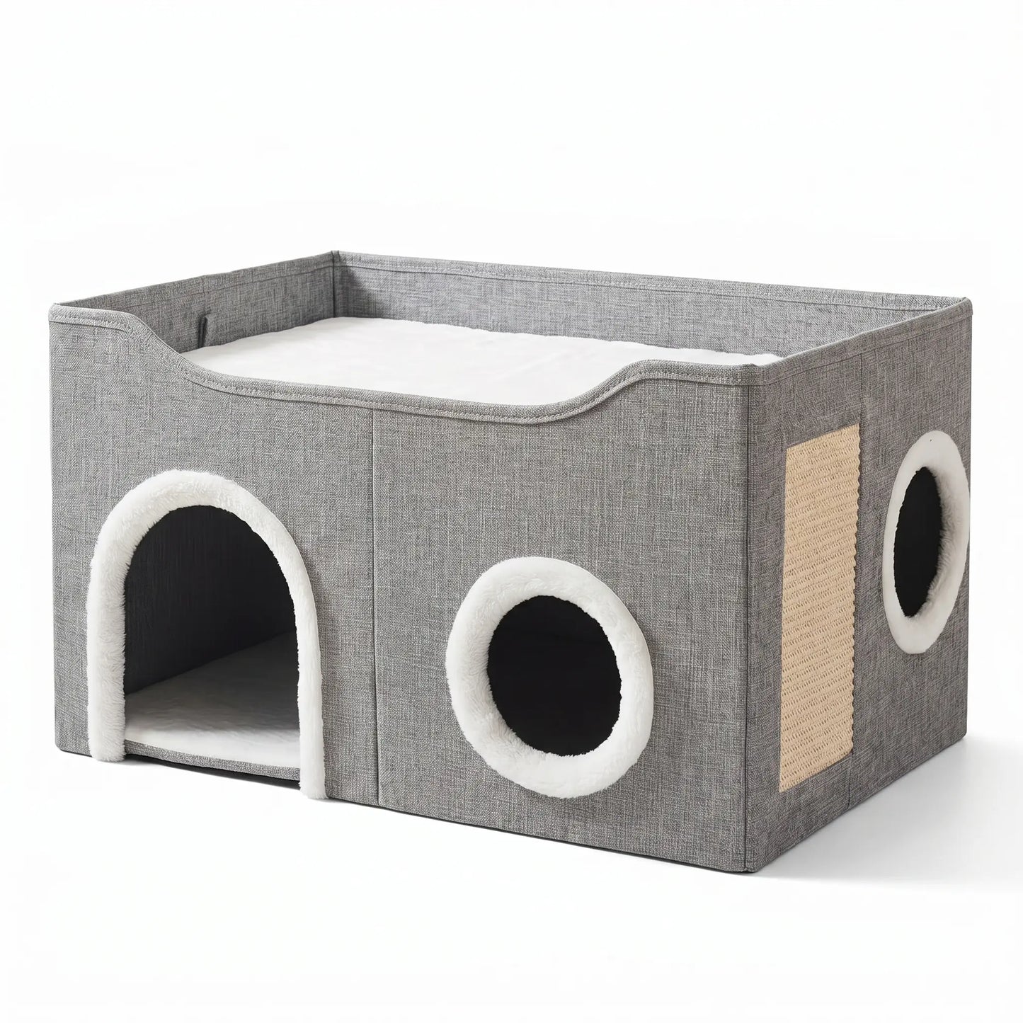 Foldable Cat House for Indoor Cats, 2-Story Cat Cube Condo with Built-In Sisal Scratching Pad & Hanging Toy Ball, Sturdy Cat Bed Hideaway Apartment Box for Large Cats up to 30 Lbs round Window