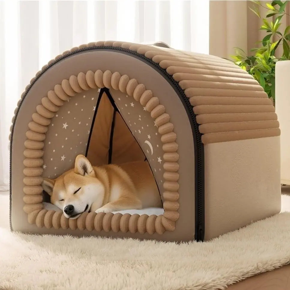 Classic Fabric Dog Bed - Detachable Shelter, Soft Machine Washable Tent Design, Compact & Portable Lightweight Indoor Hideaway for Small Dogs, Bedroom & Living Room Use