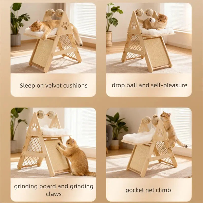 4-In-1 Wooden Cat Activity Center with Cozy Bed, Sisal Scratching Board, and Climbing Net, Sturdy Multi-Level Cat Scratcher for Indoor Cats, Space-Saving Interactive Cat Furniture for Play and Sleep