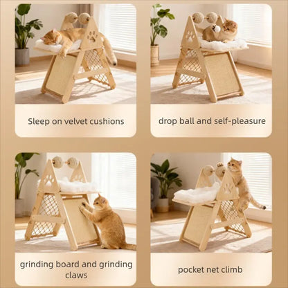 4-In-1 Wooden Cat Activity Center with Cozy Bed, Sisal Scratching Board, and Climbing Net, Sturdy Multi-Level Cat Scratcher for Indoor Cats, Space-Saving Interactive Cat Furniture for Play and Sleep