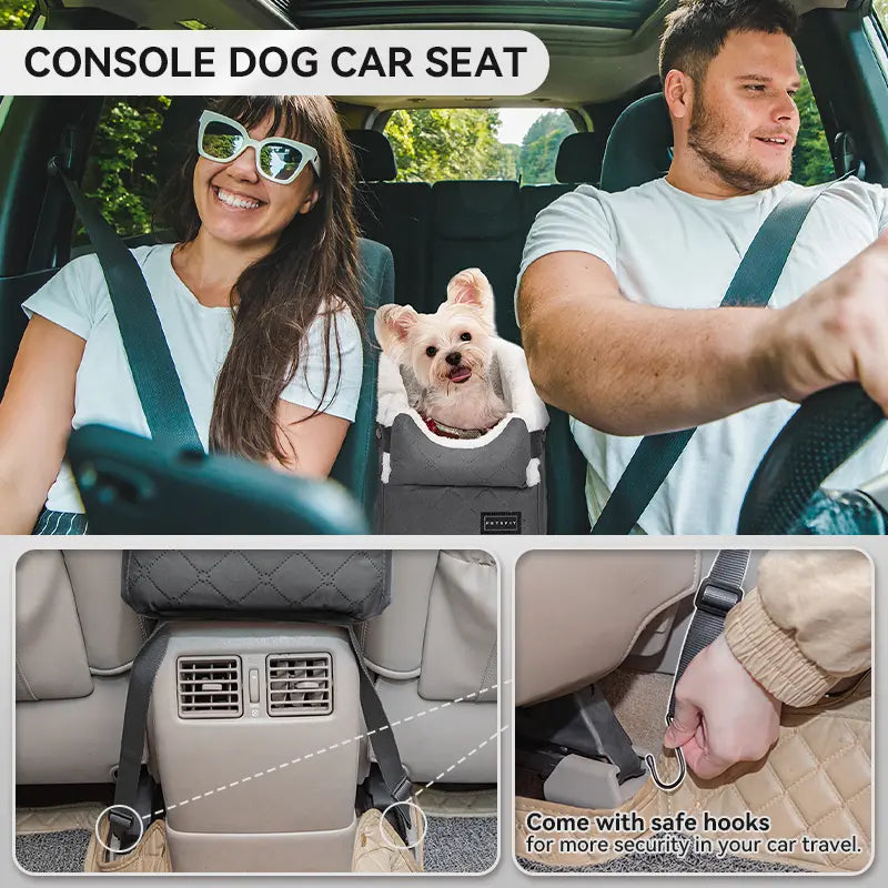PETSFIT Center Console Dog Car Seat with Safe Protection Hooks, Pet Car Seat with Upgraded Safety Tethers, Washable Cushion, Console Dog Car Seats for Small Dogs up to 10 Lbs (Grey)