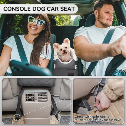 PETSFIT Center Console Dog Car Seat with Safe Protection Hooks, Pet Car Seat with Upgraded Safety Tethers, Washable Cushion, Console Dog Car Seats for Small Dogs up to 10 Lbs (Grey)