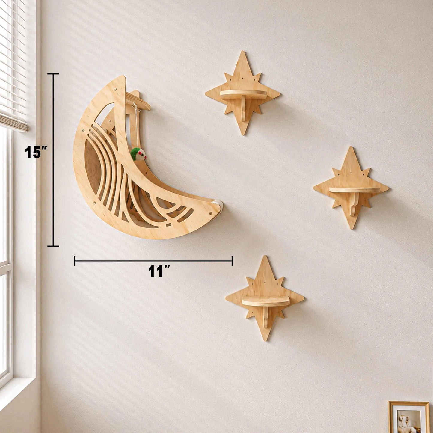 Moon & Star Cat Wall Shelves, Modern Wooden Cat Furniture with Decorative Cutouts, Space-Saving Cat Climbing System & Floating Perch for Indoor Cats