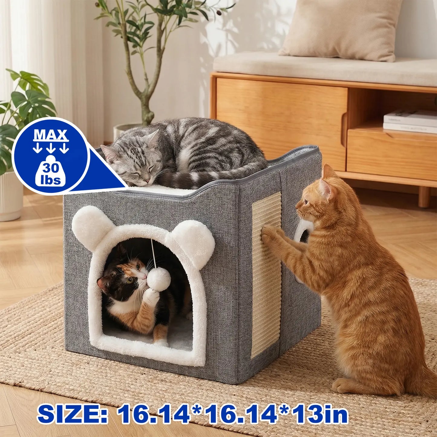 Foldable Cat House for Indoor Cats, 2-Story Cat Cube Condo with Built-In Sisal Scratching Pad & Hanging Toy Ball, Sturdy Cat Bed Hideaway Apartment Box for Large Cats up to 30 Lbs round Window