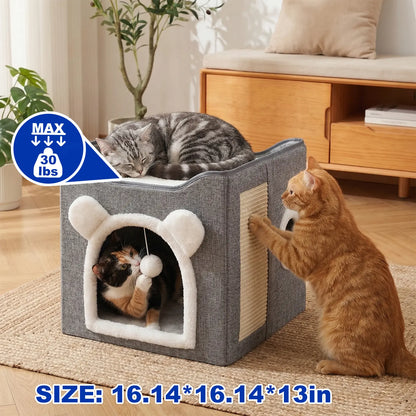 Foldable Cat House for Indoor Cats, 2-Story Cat Cube Condo with Built-In Sisal Scratching Pad & Hanging Toy Ball, Sturdy Cat Bed Hideaway Apartment Box for Large Cats up to 30 Lbs round Window