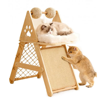 4-In-1 Wooden Cat Activity Center with Cozy Bed, Sisal Scratching Board, and Climbing Net, Sturdy Multi-Level Cat Scratcher for Indoor Cats, Space-Saving Interactive Cat Furniture for Play and Sleep