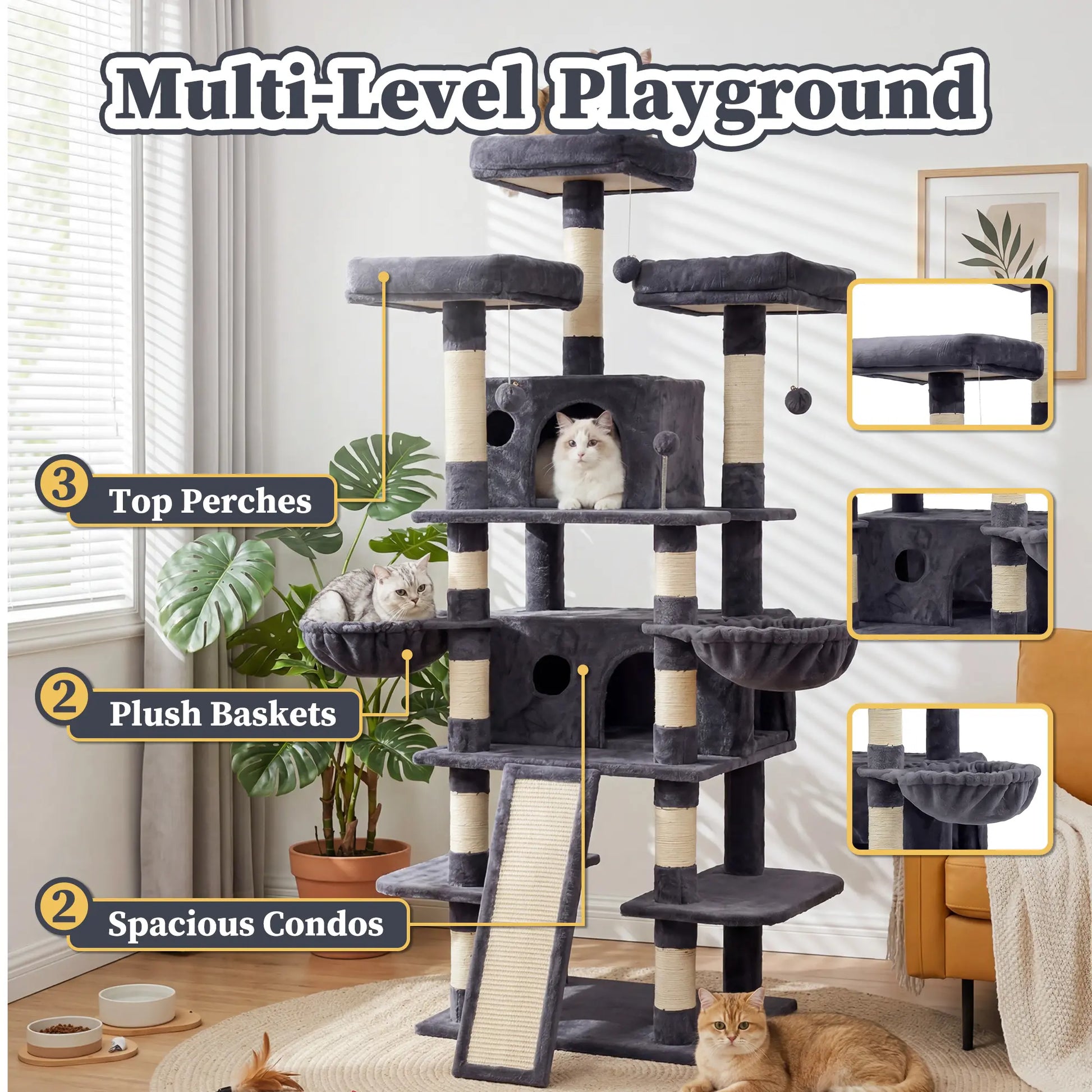 NAVINE 70.9 Inches Multi-Level Big Cat Tree, Multi-Level Cat Tower for Indoor Cats, Cat Trees and Towers for Large Cats with Sisal Scratching Posts/Cat Hanging Basket&Cat Hair Brush/Big Cat Condo/Plush Perch