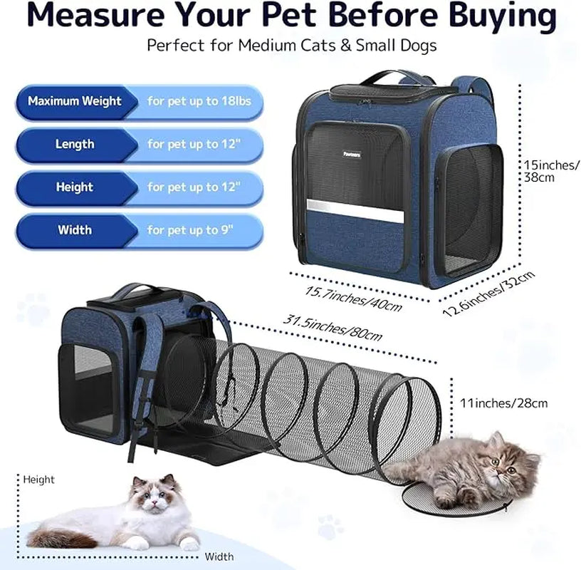 Pawtners Expandable Cat Backpack with Tunnel, Buckle, Ergonomic Design, Anti-Scratch Material, 43"L X 12.6"W X 15"H for Easy Outdoor Travel & Adventure