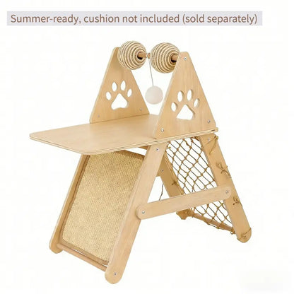 4-In-1 Wooden Cat Activity Center with Cozy Bed, Sisal Scratching Board, and Climbing Net, Sturdy Multi-Level Cat Scratcher for Indoor Cats, Space-Saving Interactive Cat Furniture for Play and Sleep