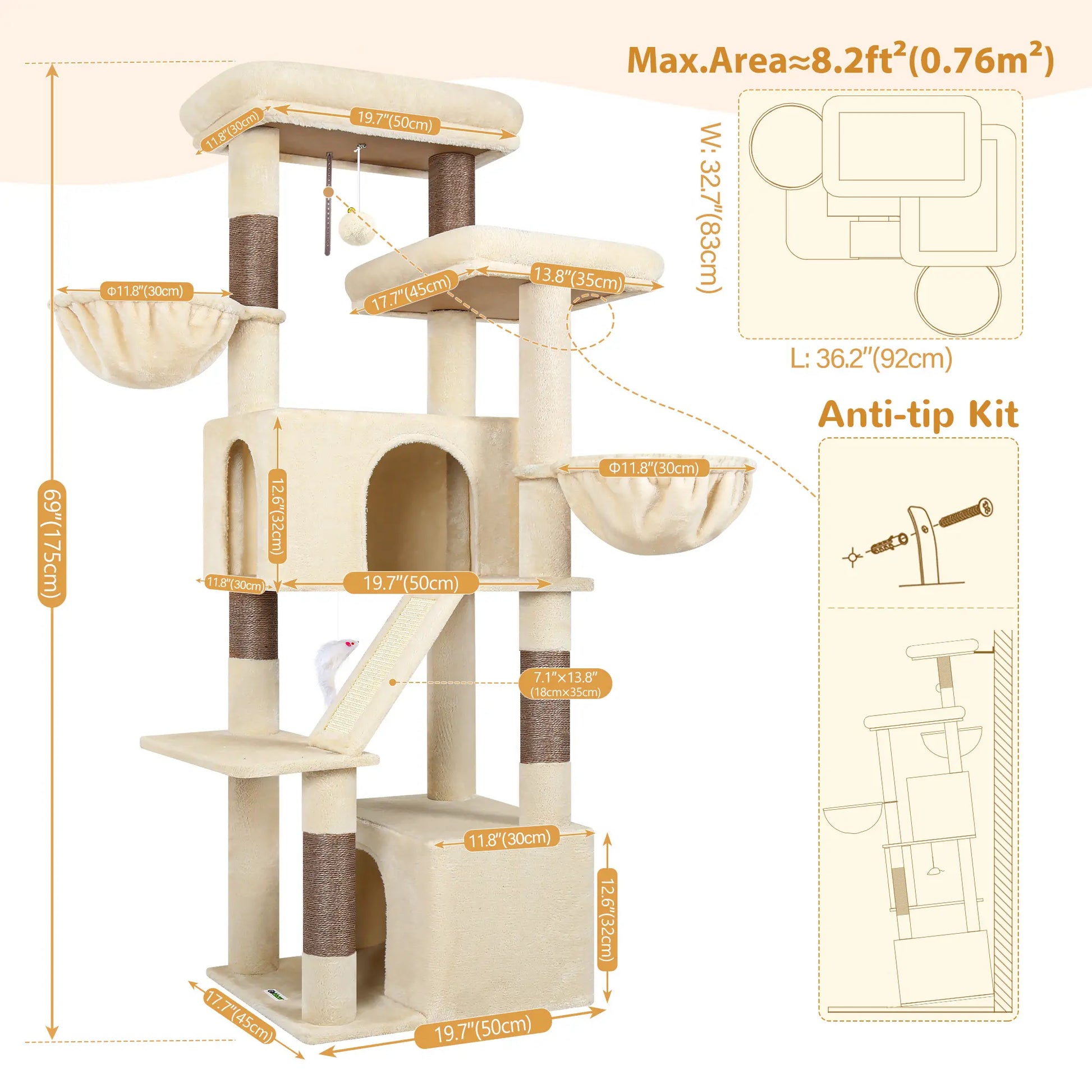 DESKAT 69 Inch Heavy Duty Cat Tower with 2 Large Condos, Dual Hanging Baskets & 2 Oversized Perches — Multi-Level Cat Tree for Big Cats