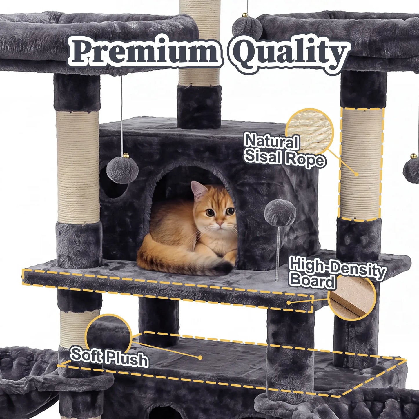 NAVINE 70.9 Inches Multi-Level Big Cat Tree, Multi-Level Cat Tower for Indoor Cats, Cat Trees and Towers for Large Cats with Sisal Scratching Posts/Cat Hanging Basket&Cat Hair Brush/Big Cat Condo/Plush Perch