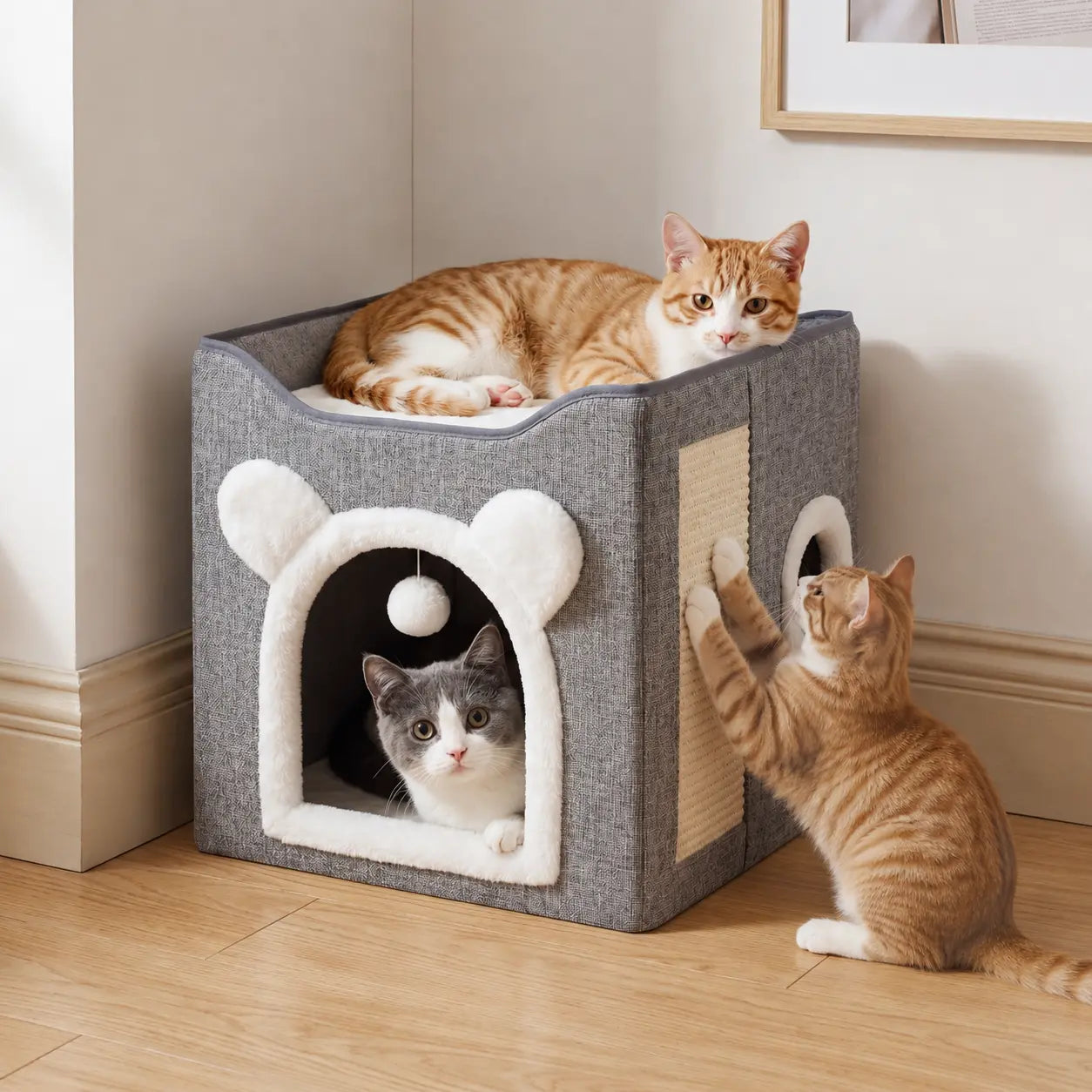 Foldable Cat House for Indoor Cats, 2-Story Cat Cube Condo with Built-In Sisal Scratching Pad & Hanging Toy Ball, Sturdy Cat Bed Hideaway Apartment Box for Large Cats up to 30 Lbs round Window