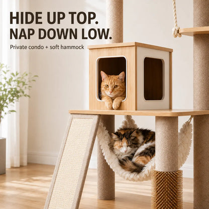 Modern White Cat Tree Tower for Indoor Cats, 61-Inch Multi-Level Cat Furniture with Plush Top Perch, Cozy Hammock, Spacious Cat Condo & Natural Sisal Scratching Posts, Stable Stylish Cat Tower for Adult Cats & Kittens